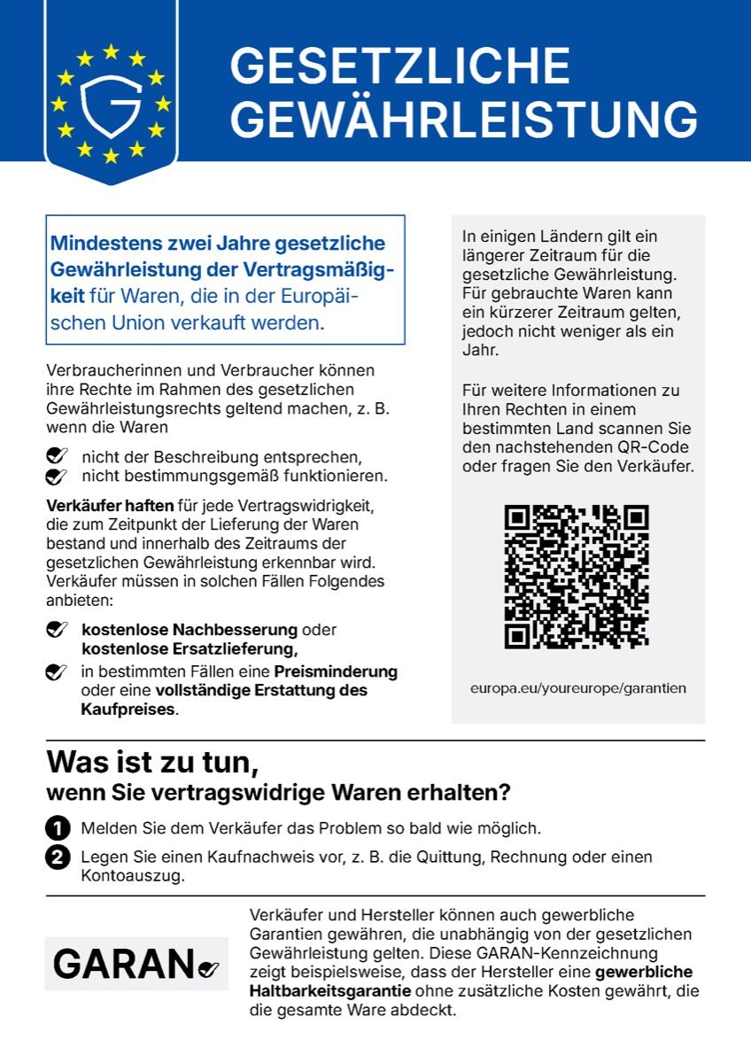 Gesetzliche Gewährleistung – offizieller EU-Hinweis: mindestens zwei Jahre gesetzliche Gewährleistung für Waren, die in der Europäischen Union verkauft werden.