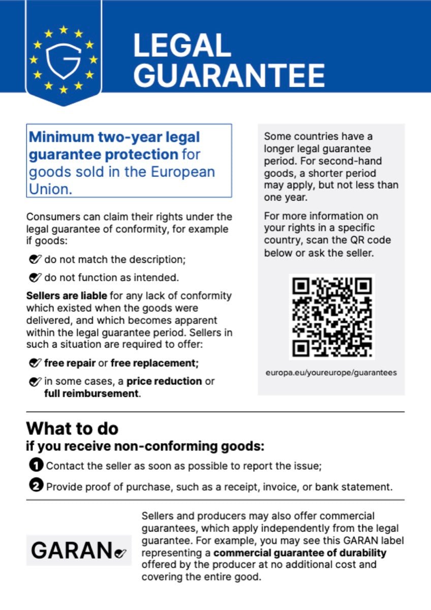 Legal guarantee – official EU notice: minimum two-year legal guarantee protection for goods sold in the European Union.