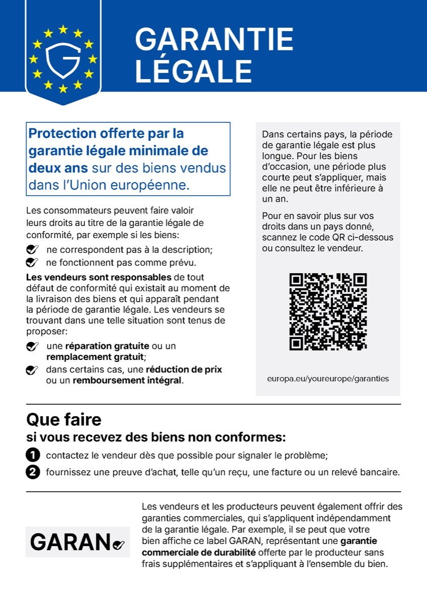 Garantie légale – notice officielle de l’UE : garantie légale d’au moins deux ans pour les biens vendus dans l’Union européenne.